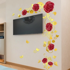 3D wall sticker with red roses, golden vines and butterflies for living room decor