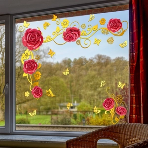 3D red rose and golden butterfly vine wall stickers for home decoration on glass windows