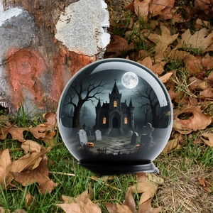 Halloween crystal ball with gothic castle and pumpkin scene on autumn grass