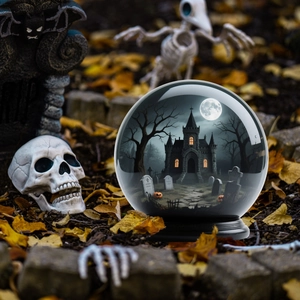 Halloween crystal ball garden stake featuring a glowing gothic castle and pumpkin decor