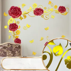 Detail of 3D hot stamping wall sticker with golden vines, red roses and butterflies