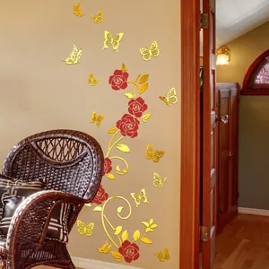 3D mirror wall stickers featuring red roses and golden vines with hollow butterflies