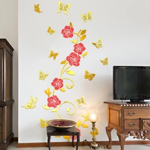 3D rose and golden vine wall stickers with butterflies for bedroom decoration