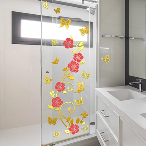 3D gold mirror flower and butterfly wall stickers applied on modern glass bathroom door