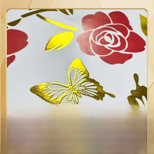 Detail of red rose and golden metallic butterfly stickers with hot stamping finish