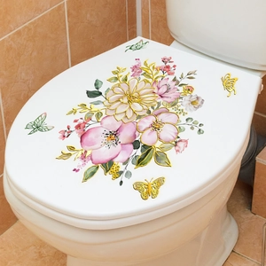 Selbstklebende WC-Deckel Aufkleber mit handgemalten Pflanzen und goldenen Schmetterlingen