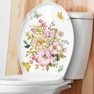 Goldprägung Blumen Schmetterling Toilettenaufkleber Wasserdicht Abnehmbar Selbstklebend PVC Badezimmer Hintergrund Wanddeko Aufkleber