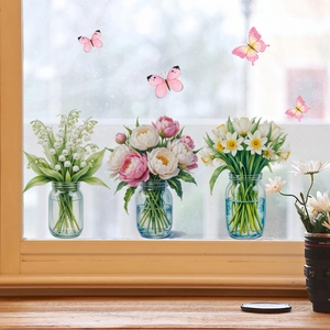 Creative floral window stickers with pink butterflies on glass for home decoration