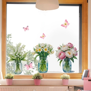 Floral and butterfly window stickers with green plants and clear PVC double-sided decals