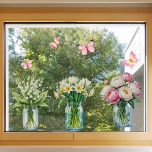 Floral glass window stickers with lilies, peonies and pink butterflies on wooden frame
