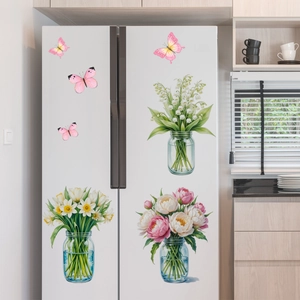 Kitchen fridge decor featuring floral wall stickers and pink butterflies on white surface