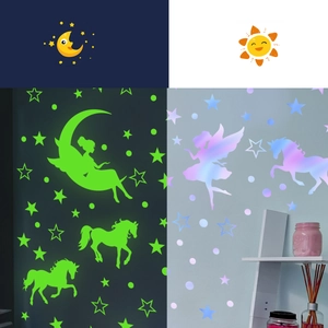 Glow In The Dark Wall Stickers Luminous Unicorn Fairy Moon Stars Decals For Kids Bedroom Ceiling PVC Waterproof Decals