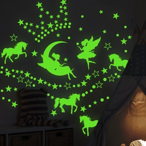 Glow in the dark wall stickers featuring unicorn, moon fairy, stars and dots for kids room