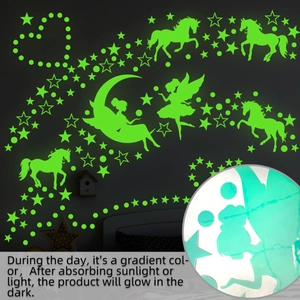 Glow-in-the-dark unicorn and fairy wall stickers set with luminous stars and moon detail