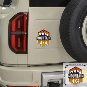 Magnetic mountain car decal with 4X4 text on white vehicle rear door for off-road style