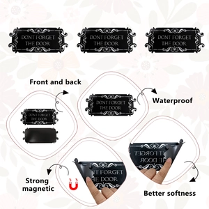Detail of flexible magnetic door sticker with 'Don't Forget The Door' text and waterproof feature