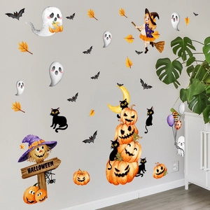 Watercolor Halloween wall stickers featuring pumpkin scarecrow, ghost, and witch on a wall