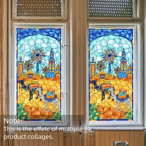 Arabic desert style stained glass window film with camel and palm tree mosaic design