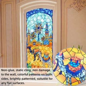 Middle East style stained glass window film featuring camels, mosques and static cling design