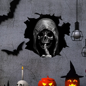 3D realistic skeleton wall sticker with shushing gesture and broken wall effect