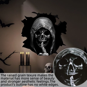 Detail of 3D skull wall sticker with raised grain texture and shush gesture effect