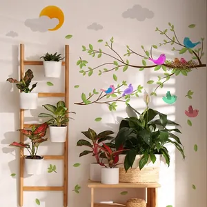 Cute tree branch and colorful birds wall decal for kids room decor on white wall