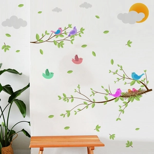 Cartoon bird and tree branch wall stickers for kids room decoration in vibrant colors