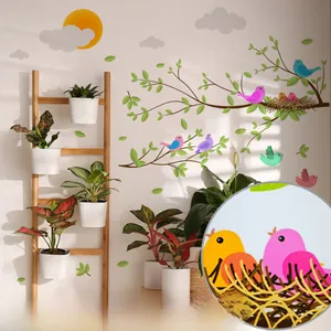 Detail of colorful bird and branch wall stickers with adhesive backing on white wall