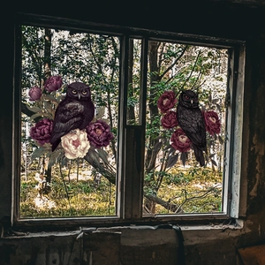 Gothic owl and peony window stickers with static cling for festive Halloween glass decor