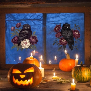 Artistic black owl window decals with vintage flowers and Halloween pumpkin decor