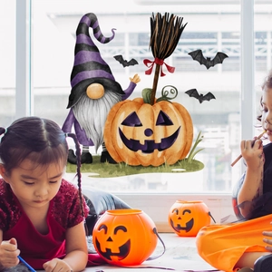 Halloween gnome and pumpkin static window stickers shown in a cozy home interior setting