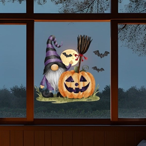 Cartoon Halloween window static clings featuring a gnome, pumpkin lamp, and bats on glass