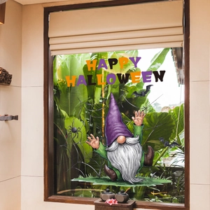 Detail of Happy Halloween window static sticker featuring a cute gnome and spider webs