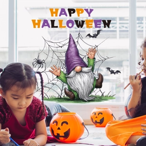 Close-up of Halloween window cling featuring a cute gnome and Happy Halloween text
