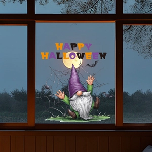 Detail of Halloween window cling showing gnome, spider web, and Happy Halloween text