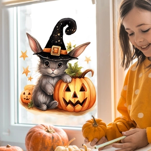Halloween window decals featuring a rabbit with a wizard hat and pumpkin on glass