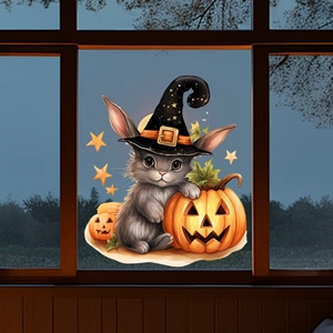 Detail of Halloween window clings featuring a cartoon rabbit, glowing pumpkins and yellow stars