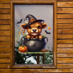 Detail of Halloween window cling featuring a Highland cow in a cauldron with pumpkins