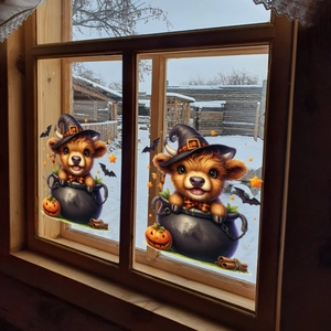 Detail of Halloween window clings featuring Highland cows in a cauldron with pumpkins