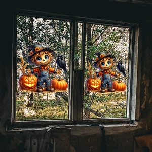 Halloween window sticker featuring a cute scarecrow with pumpkin and crow on a glass pane