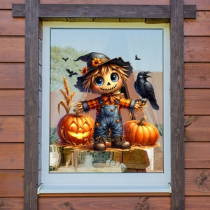 Detail of Halloween window clings featuring a cartoon scarecrow, pumpkin and crow on glass
