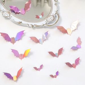 Close-up of 3D iridescent laser bat wall stickers with colorful holographic finish