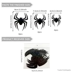 Size guide for 12pcs 3D Halloween spider wall stickers showing small, medium, and large dimensions