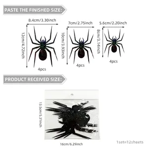 Size guide for 12pcs colorful black spider wall stickers showing dimensions and packaging details