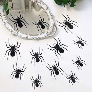 Detailed set of 12 3D black spider wall stickers for Halloween party room decoration