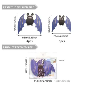 Size specifications for 3D purple Halloween bat wall decals with golden outlines