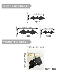 Size chart for 3D black bat wall stickers showing various dimensions for Halloween decor