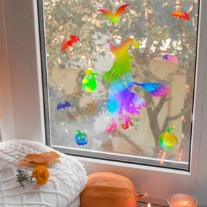 Stickers muraux sorcière et citrouille Halloween holographiques avec reflets laser colorés