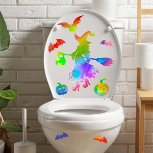 Stickers Halloween laser sorcière et citrouille pour toilette avec fini arc-en-ciel