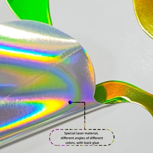 Vue macro du matériau laser iridescent avec effets changeants et dos adhésif